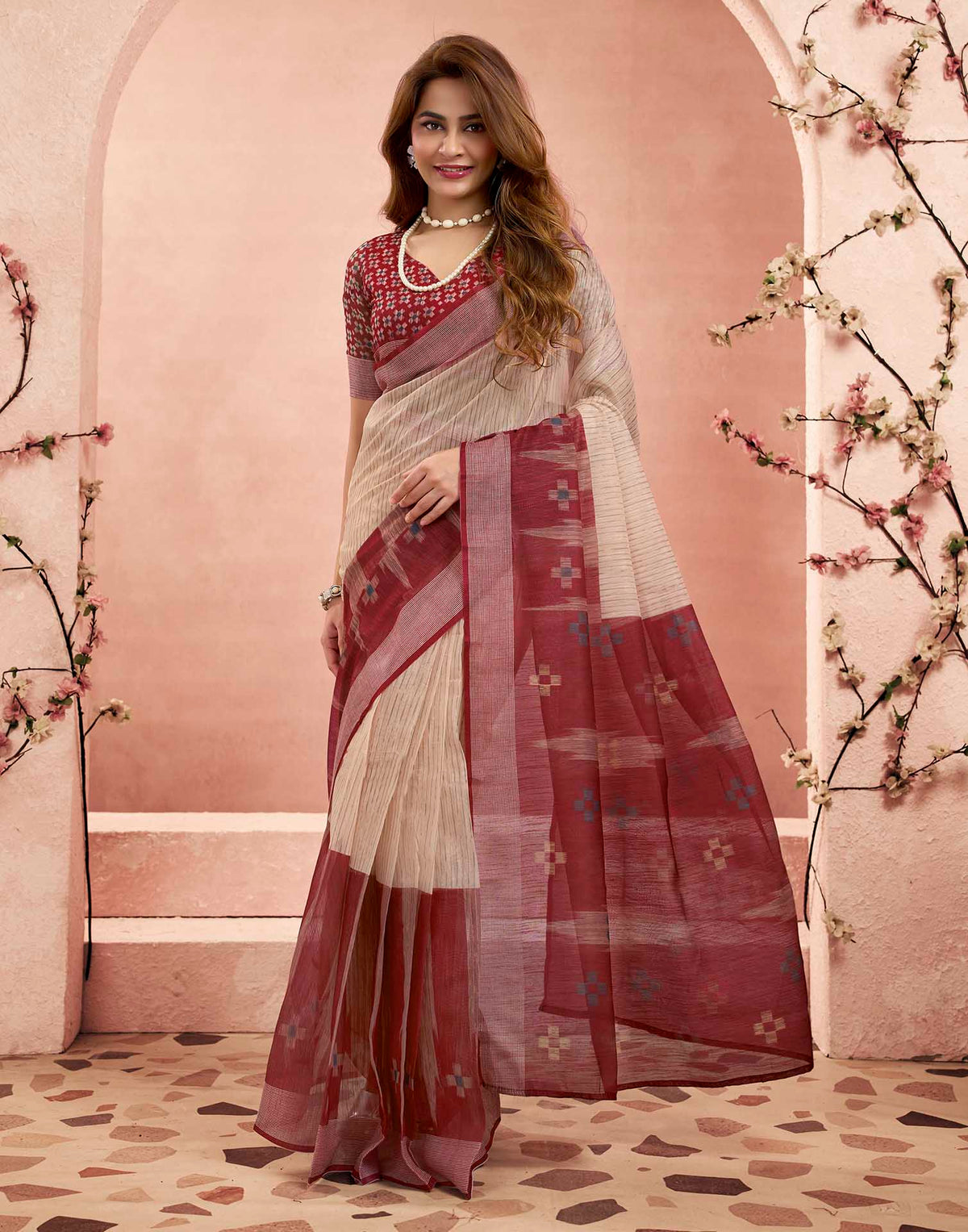 Ready To Wear Beige Linen Printed Saree