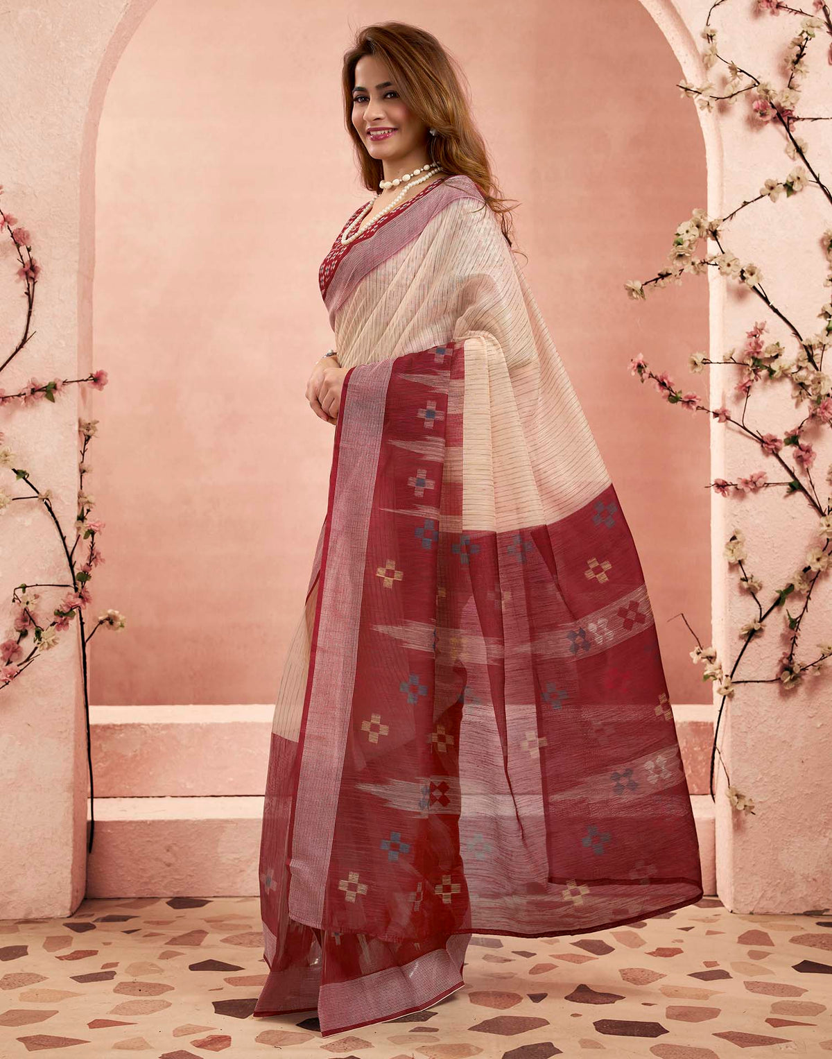 Ready To Wear Beige Linen Printed Saree