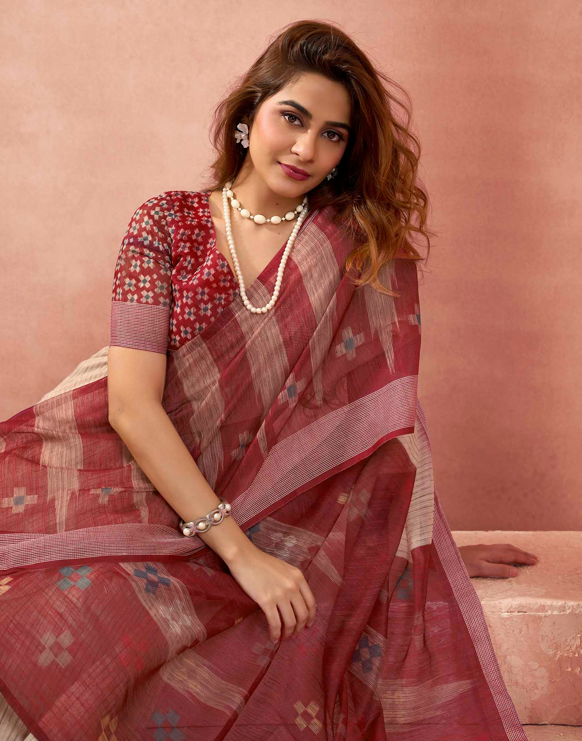 Ready To Wear Beige Linen Printed Saree
