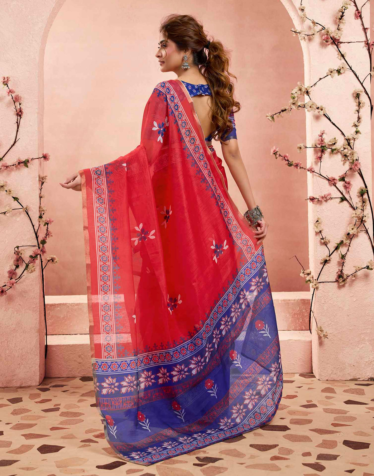 Ready To Wear Rani Pink Linen Floral Printed Saree