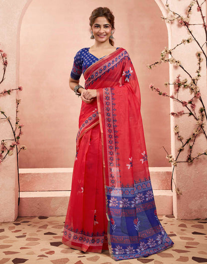 Ready To Wear Rani Pink Linen Floral Printed Saree