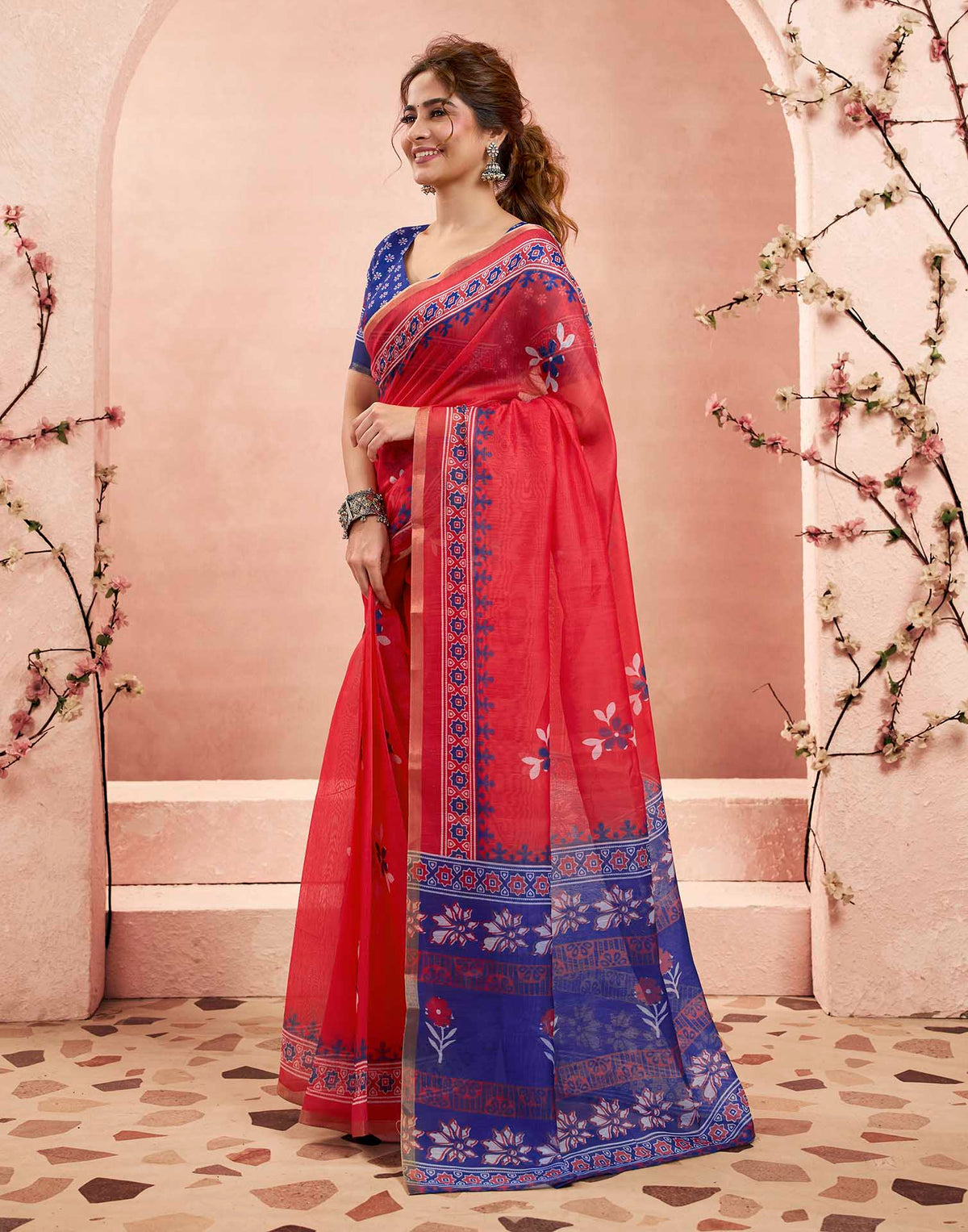 Ready To Wear Rani Pink Linen Floral Printed Saree