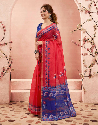 Ready To Wear Rani Pink Linen Floral Printed Saree