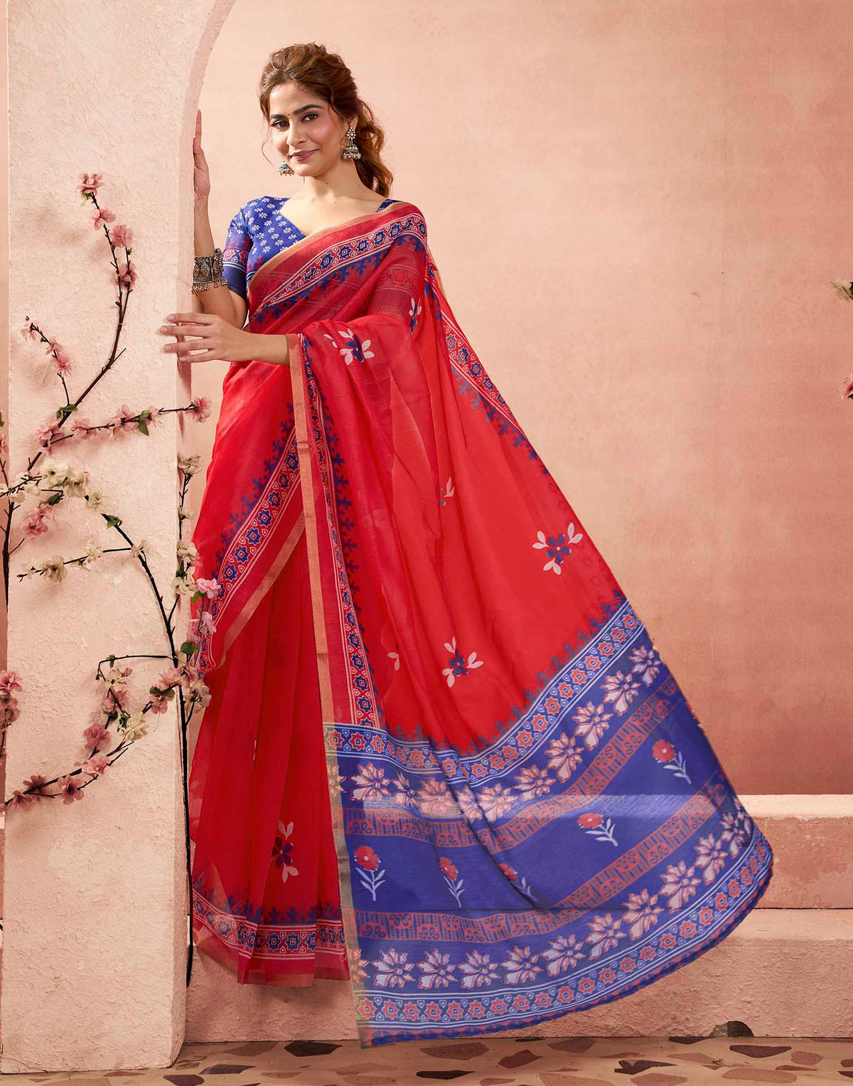 Ready To Wear Rani Pink Linen Floral Printed Saree