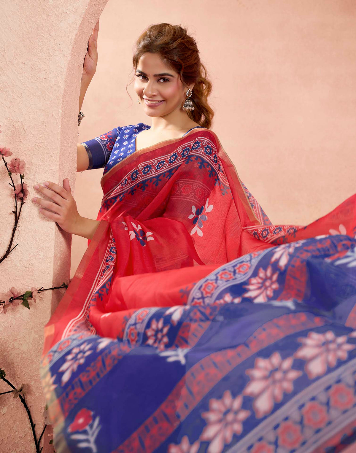 Ready To Wear Rani Pink Linen Floral Printed Saree