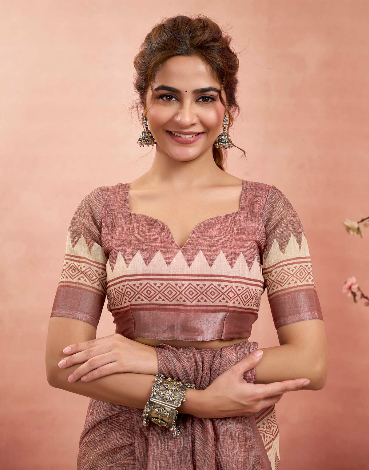 Ready To Wear Brown Linen Floral Printed Saree
