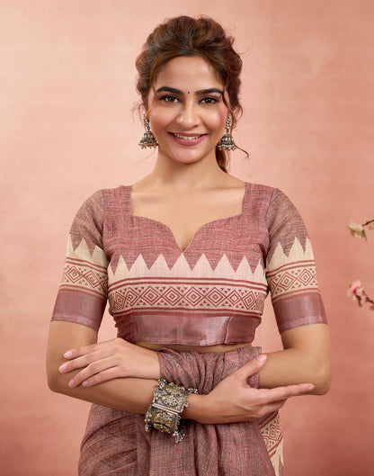 Ready To Wear Brown Linen Floral Printed Saree