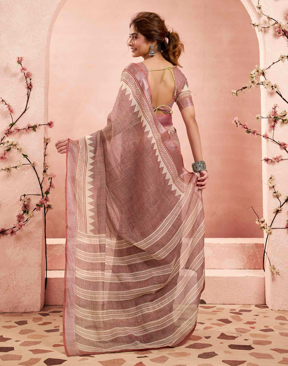 Ready To Wear Brown Linen Floral Printed Saree