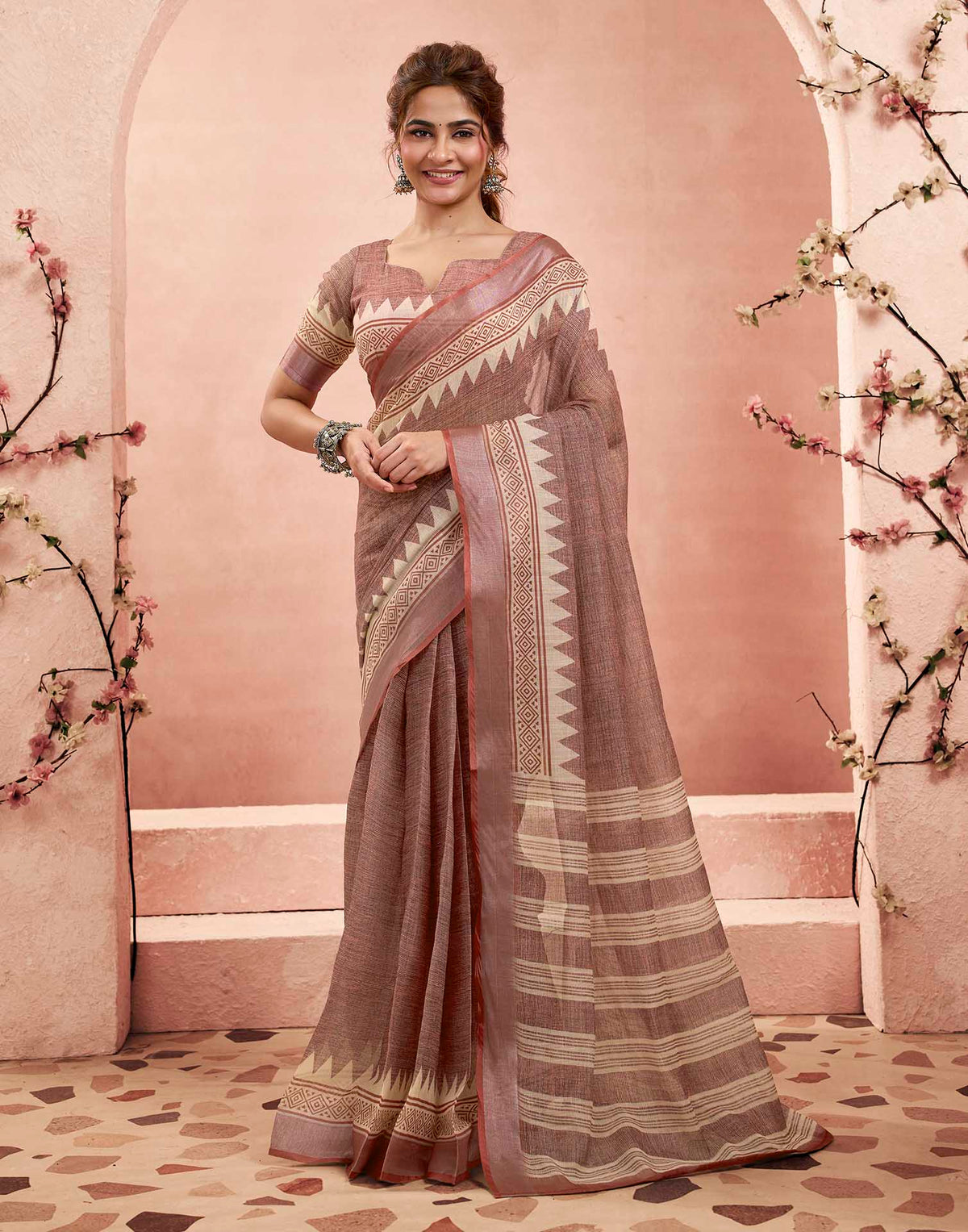 Ready To Wear Brown Linen Floral Printed Saree