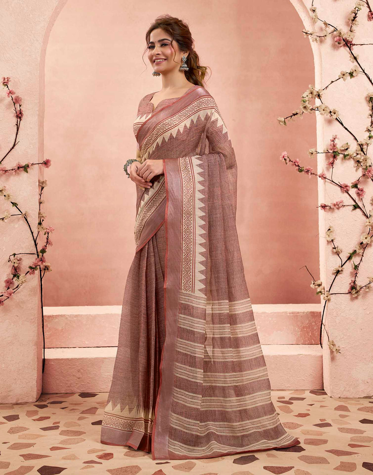 Ready To Wear Brown Linen Floral Printed Saree