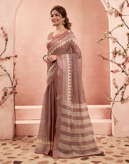 Ready To Wear Brown Linen Floral Printed Saree