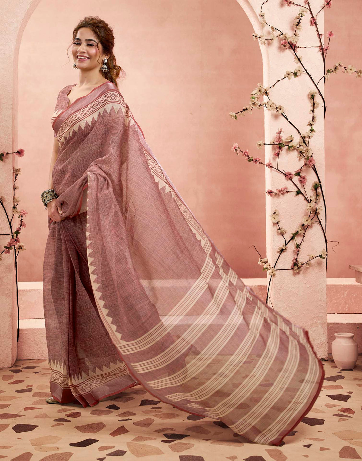 Ready To Wear Brown Linen Floral Printed Saree