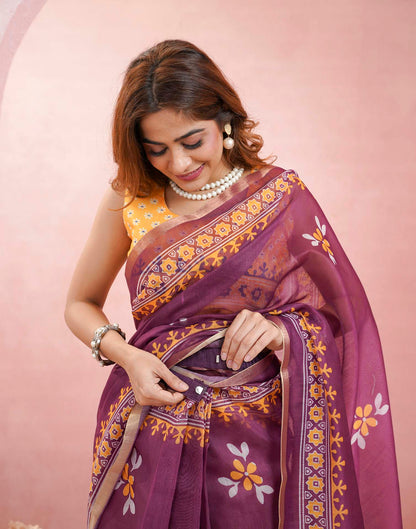 Ready To Wear Wine Linen Floral Printed Saree
