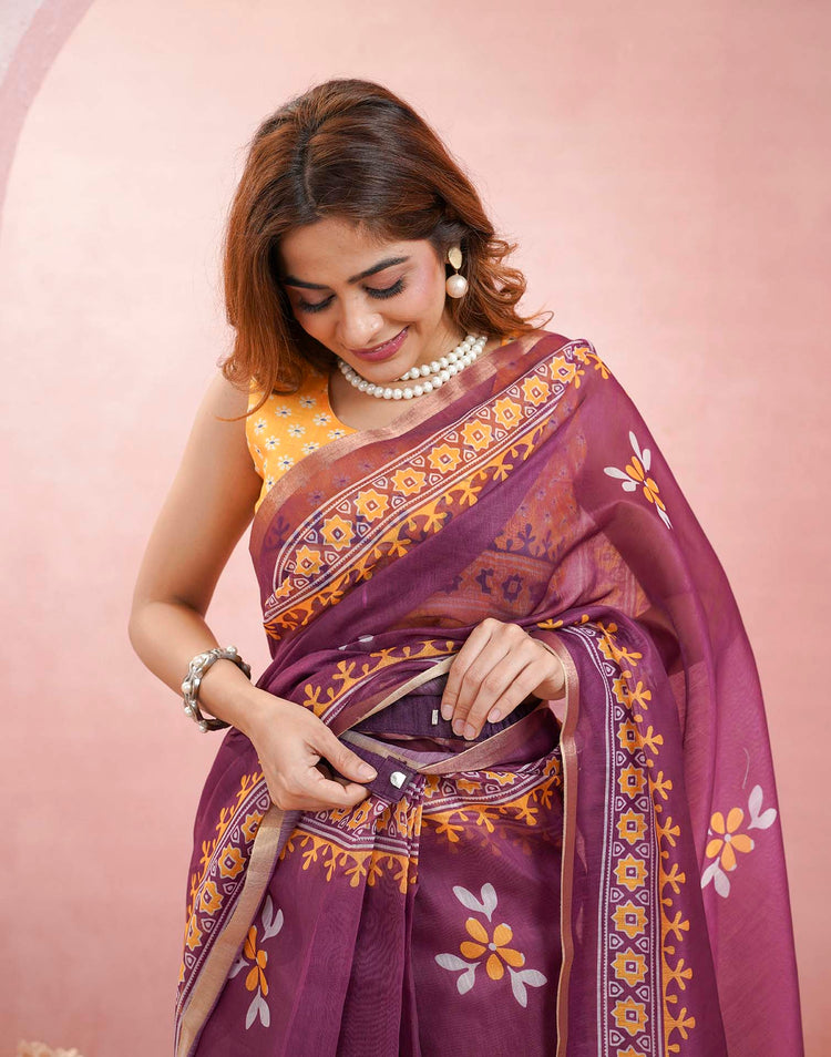 Ready To Wear Wine Linen Floral Printed Saree