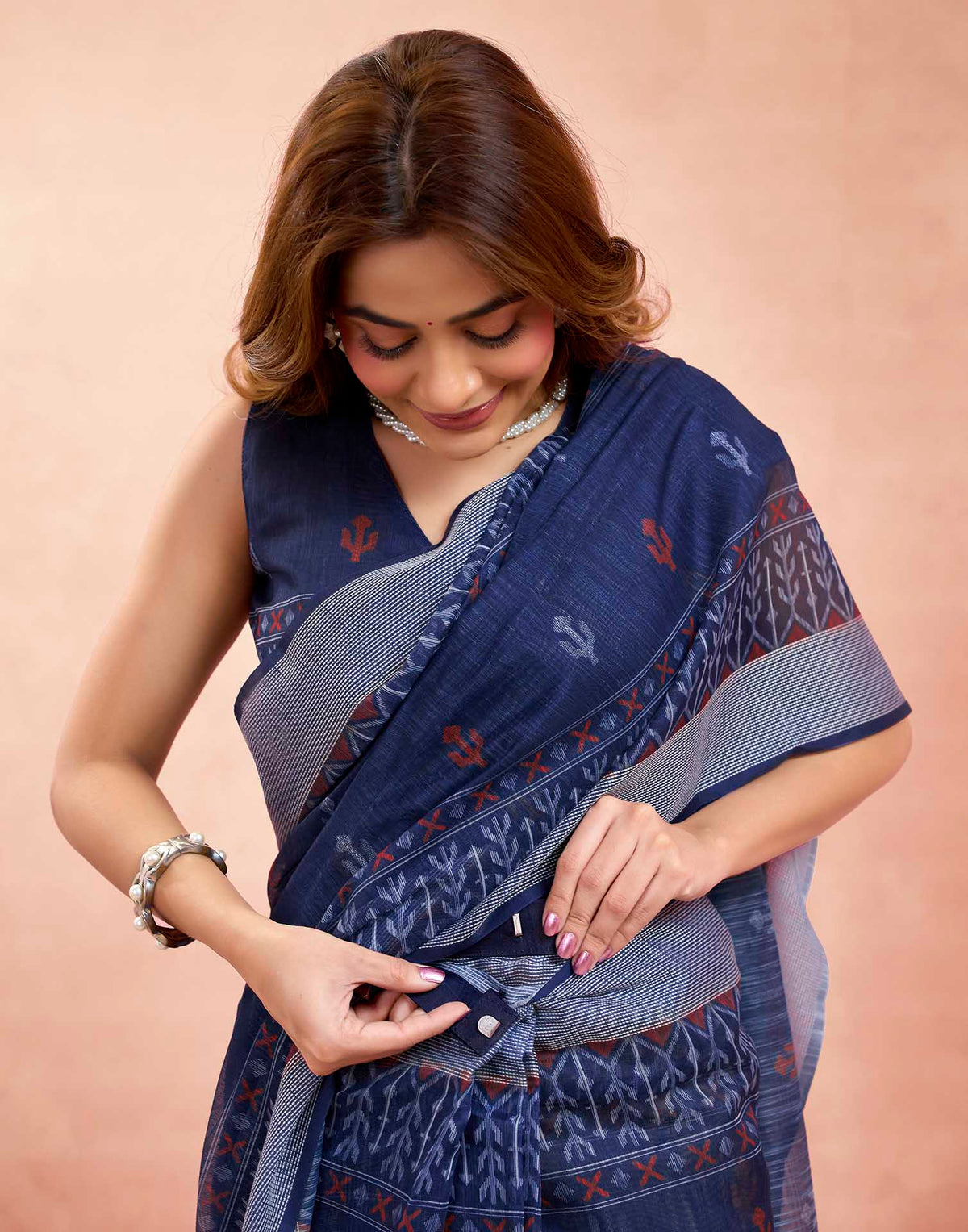 Ready To Wear Navy Blue Linen Printed Saree