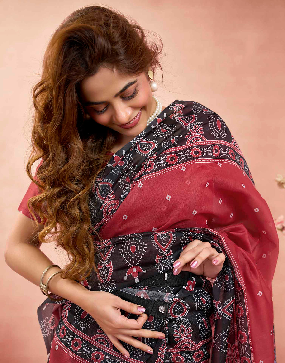 Ready To Wear Cherry Red Linen Printed Saree