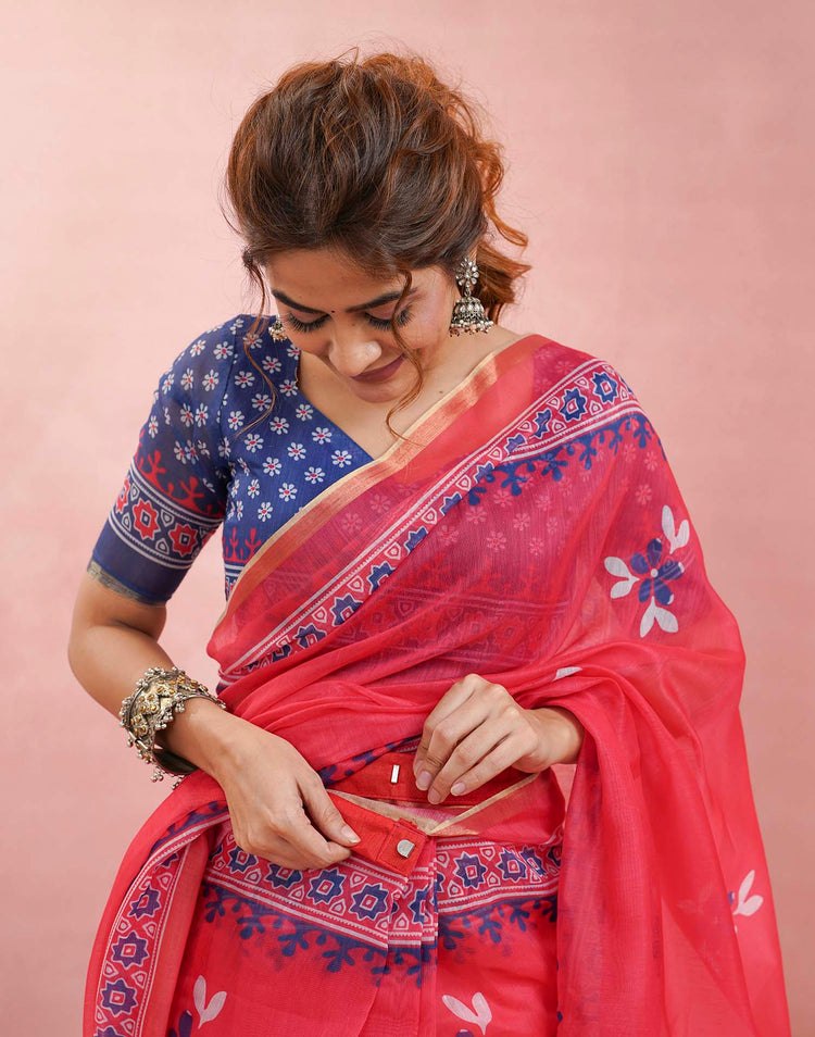 Ready To Wear Rani Pink Linen Floral Printed Saree