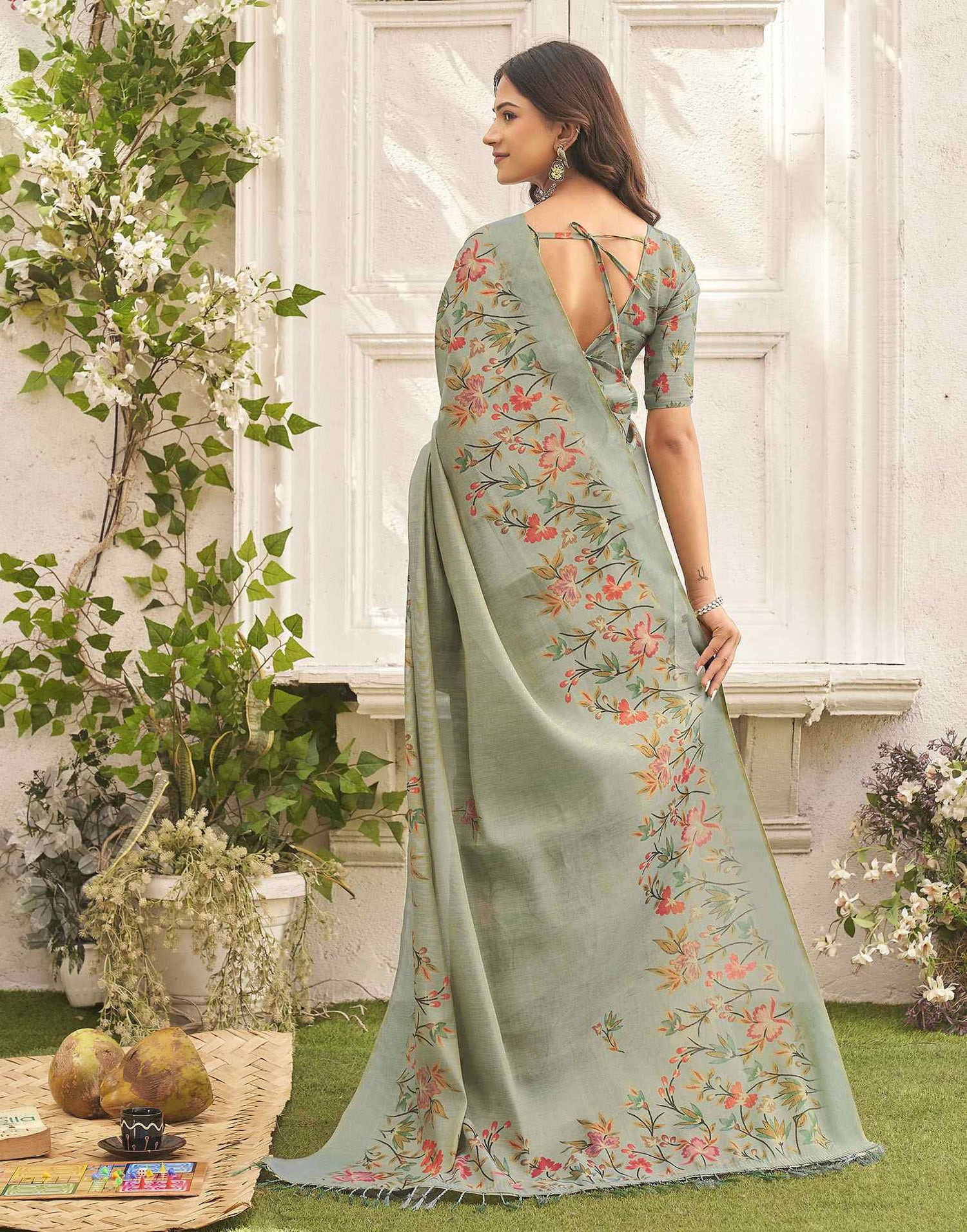 Sea Green Shimmer Silk Floral Printed Saree