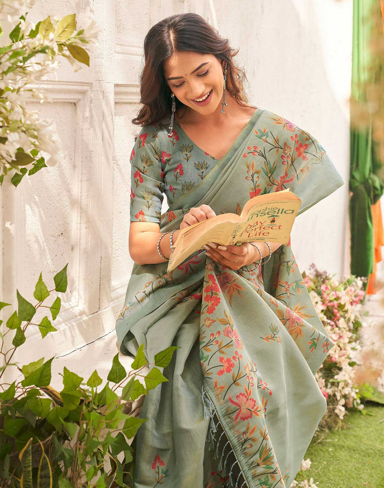 Sea Green Shimmer Silk Floral Printed Saree