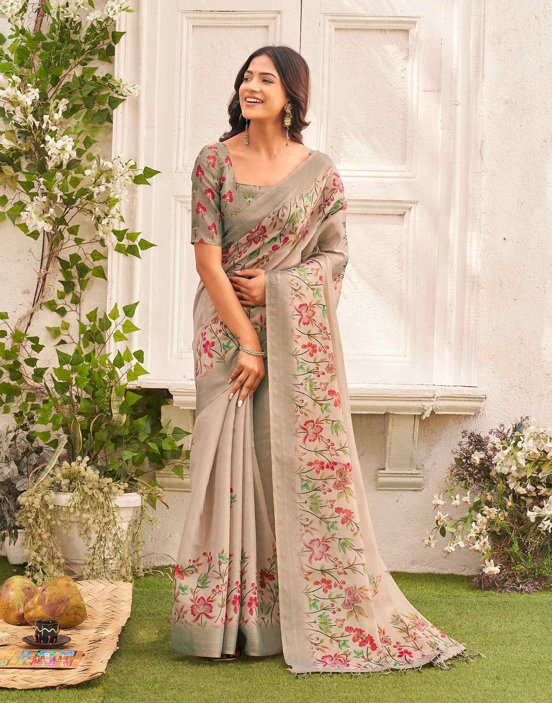 Dark Beige Shimmer Silk Floral Printed Saree