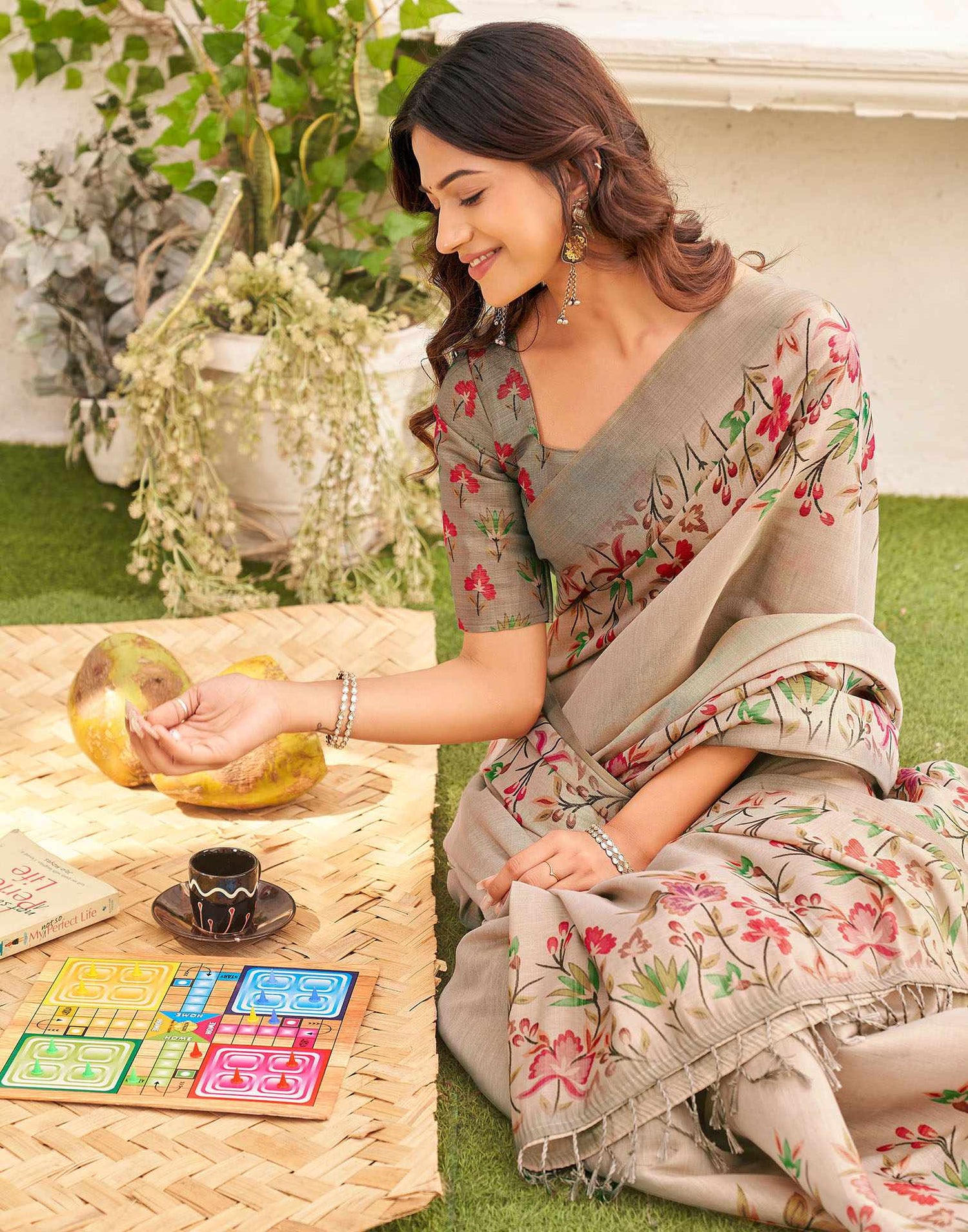 Dark Beige Shimmer Silk Floral Printed Saree