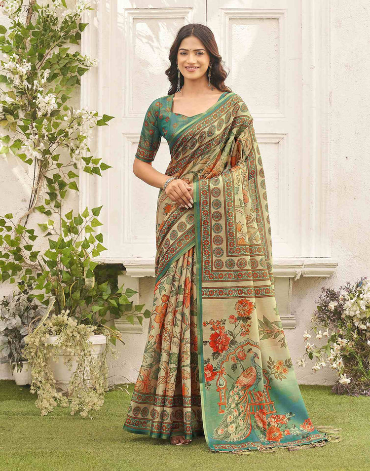 Beige Shimmer Silk Printed Kalamkari Saree 