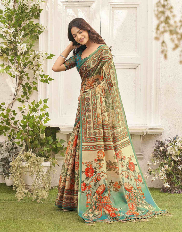 Beige Shimmer Silk Printed Kalamkari Saree 