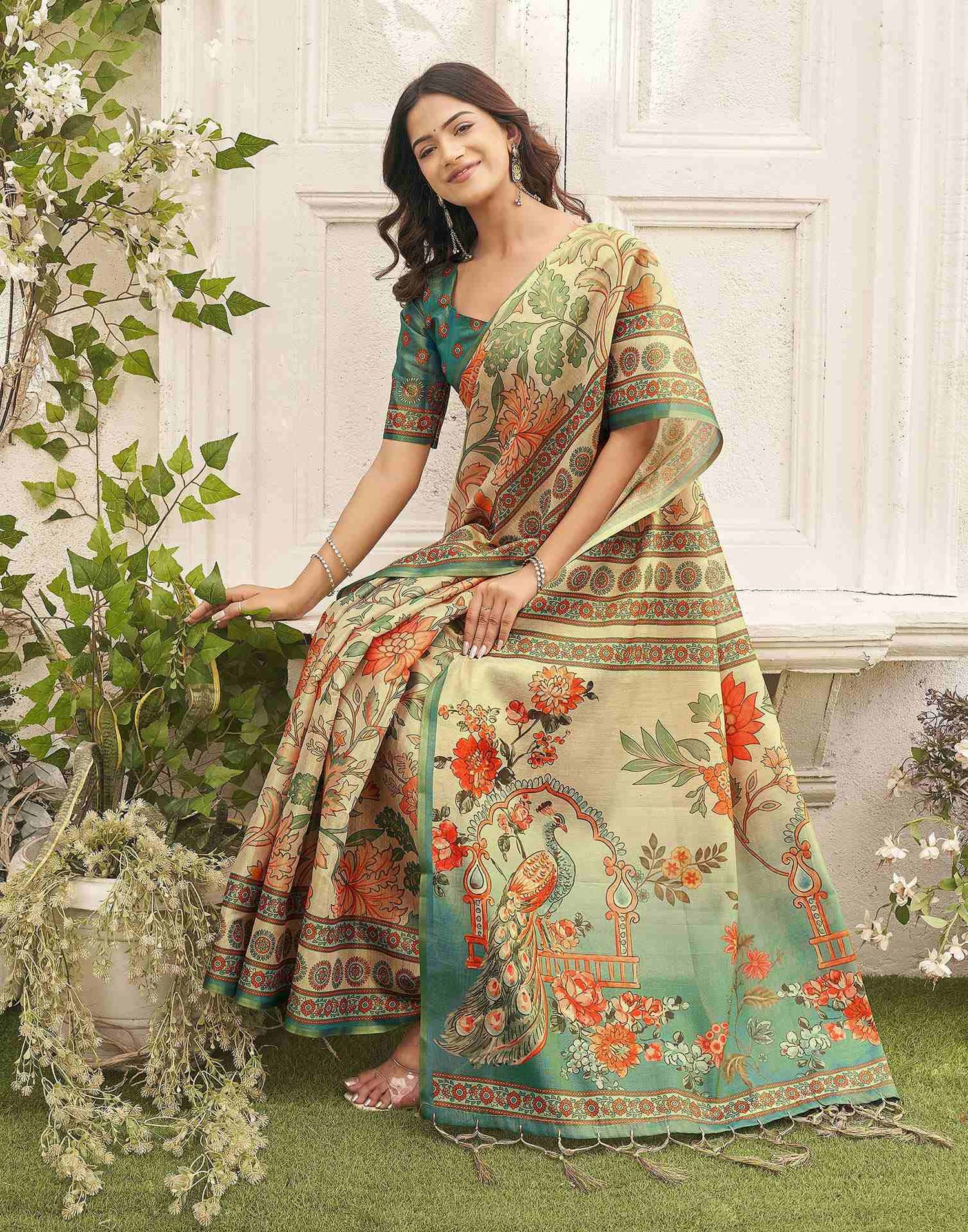 Beige Shimmer Silk Printed Kalamkari Saree 