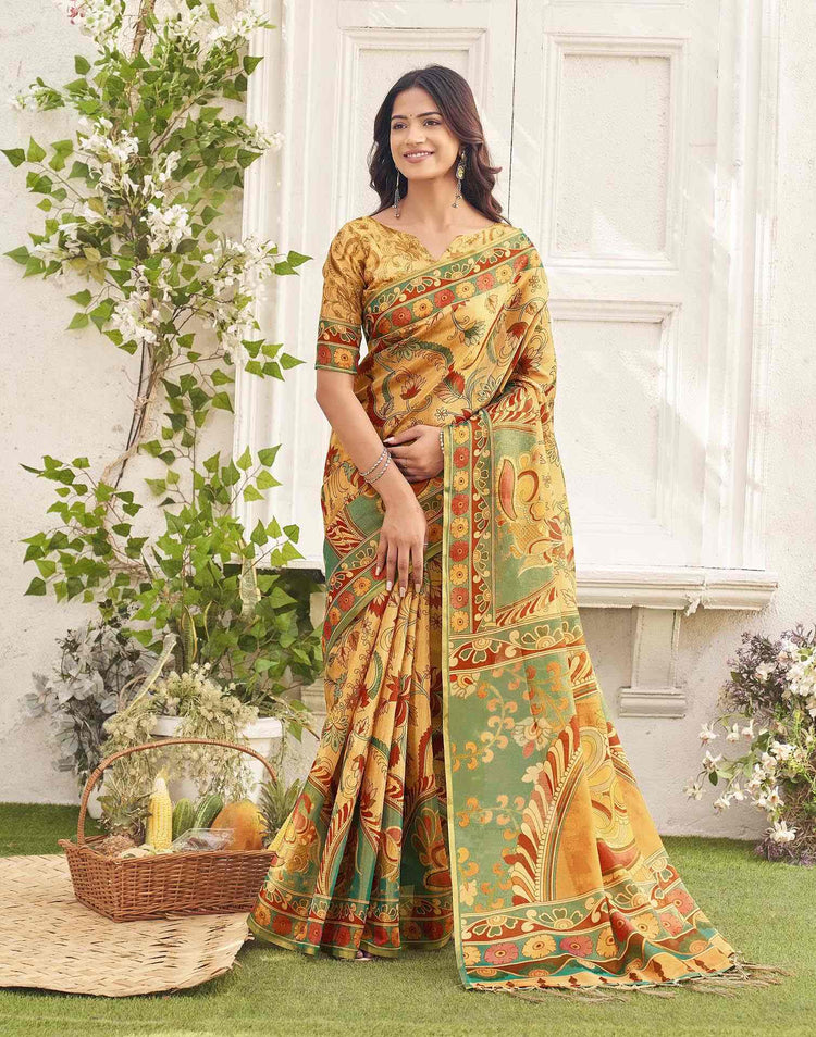Golden Shimmer Silk Printed Kalamkari Saree 