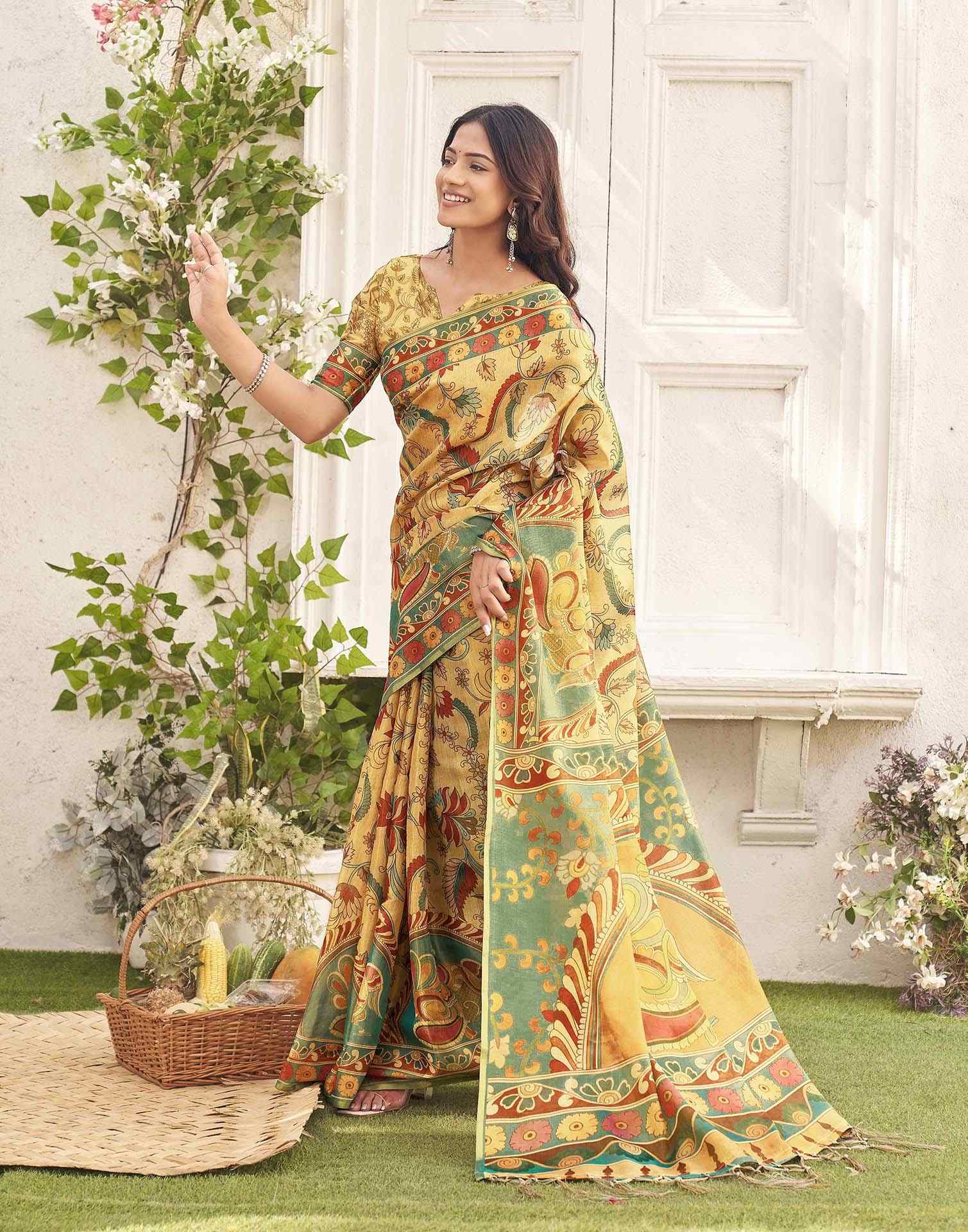 Golden Shimmer Silk Printed Kalamkari Saree 
