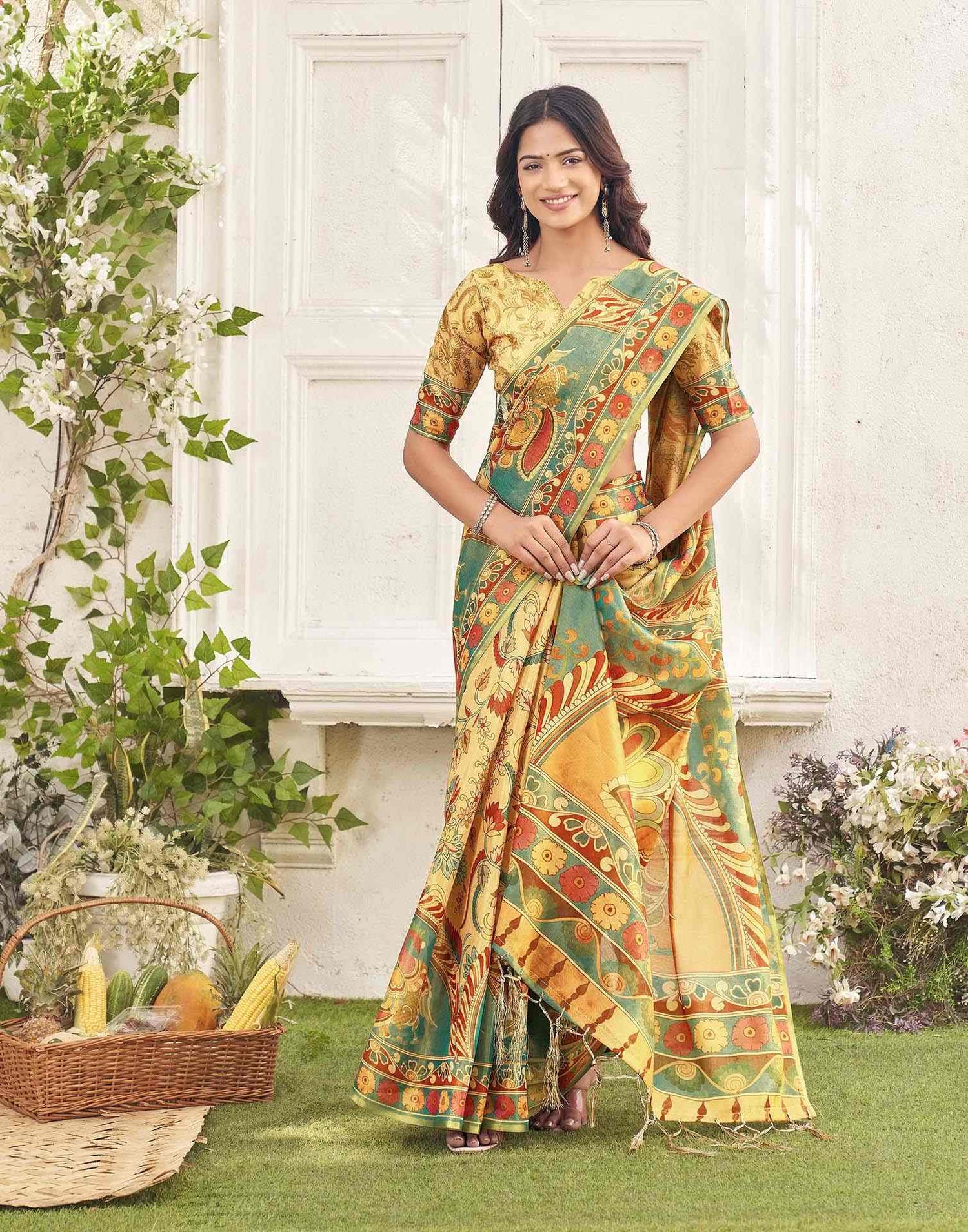 Golden Shimmer Silk Printed Kalamkari Saree 