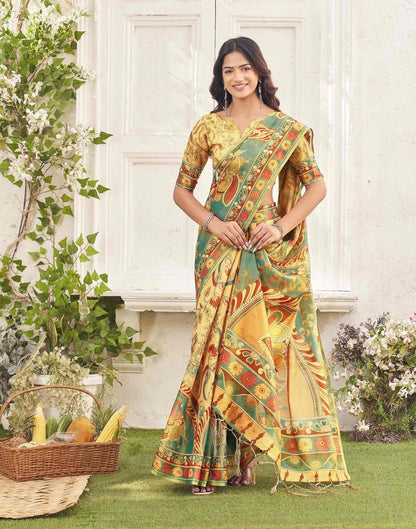 Golden Shimmer Silk Printed Kalamkari Saree 