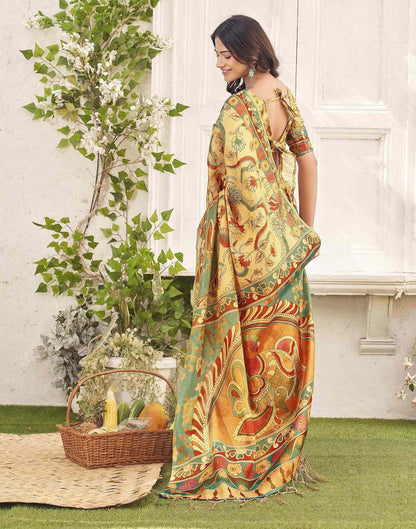Golden Shimmer Silk Printed Kalamkari Saree 