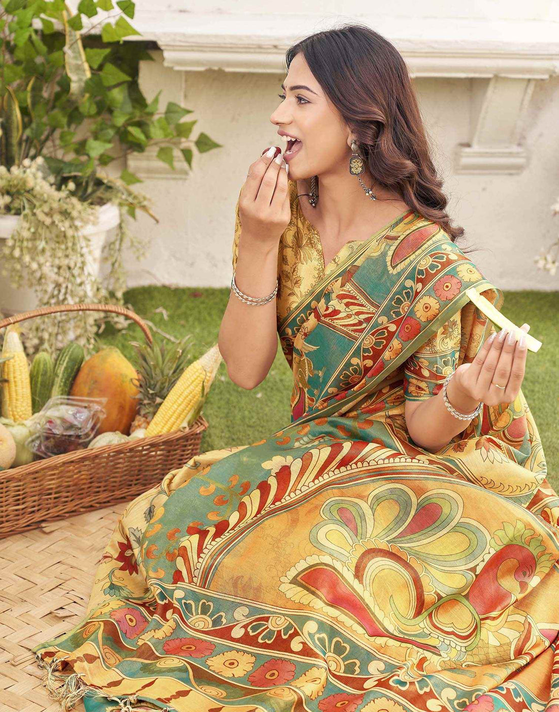 Golden Shimmer Silk Printed Kalamkari Saree 