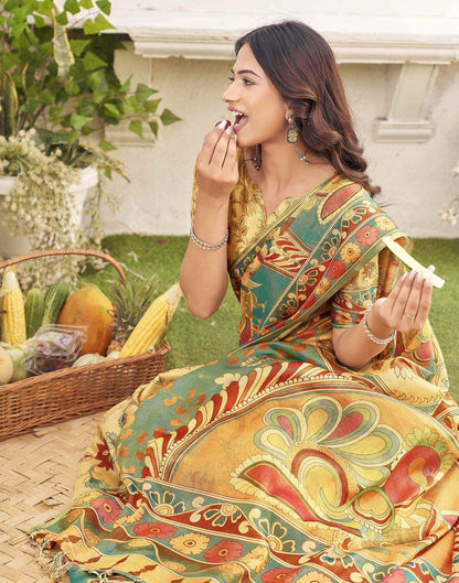 Golden Shimmer Silk Printed Kalamkari Saree 