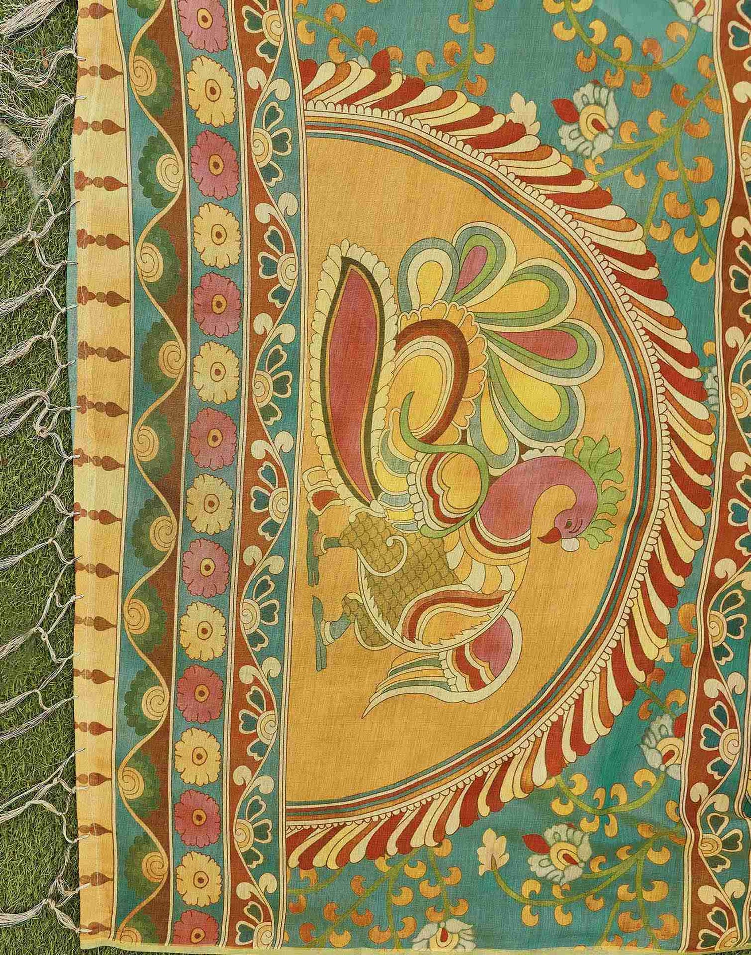 Golden Shimmer Silk Printed Kalamkari Saree 