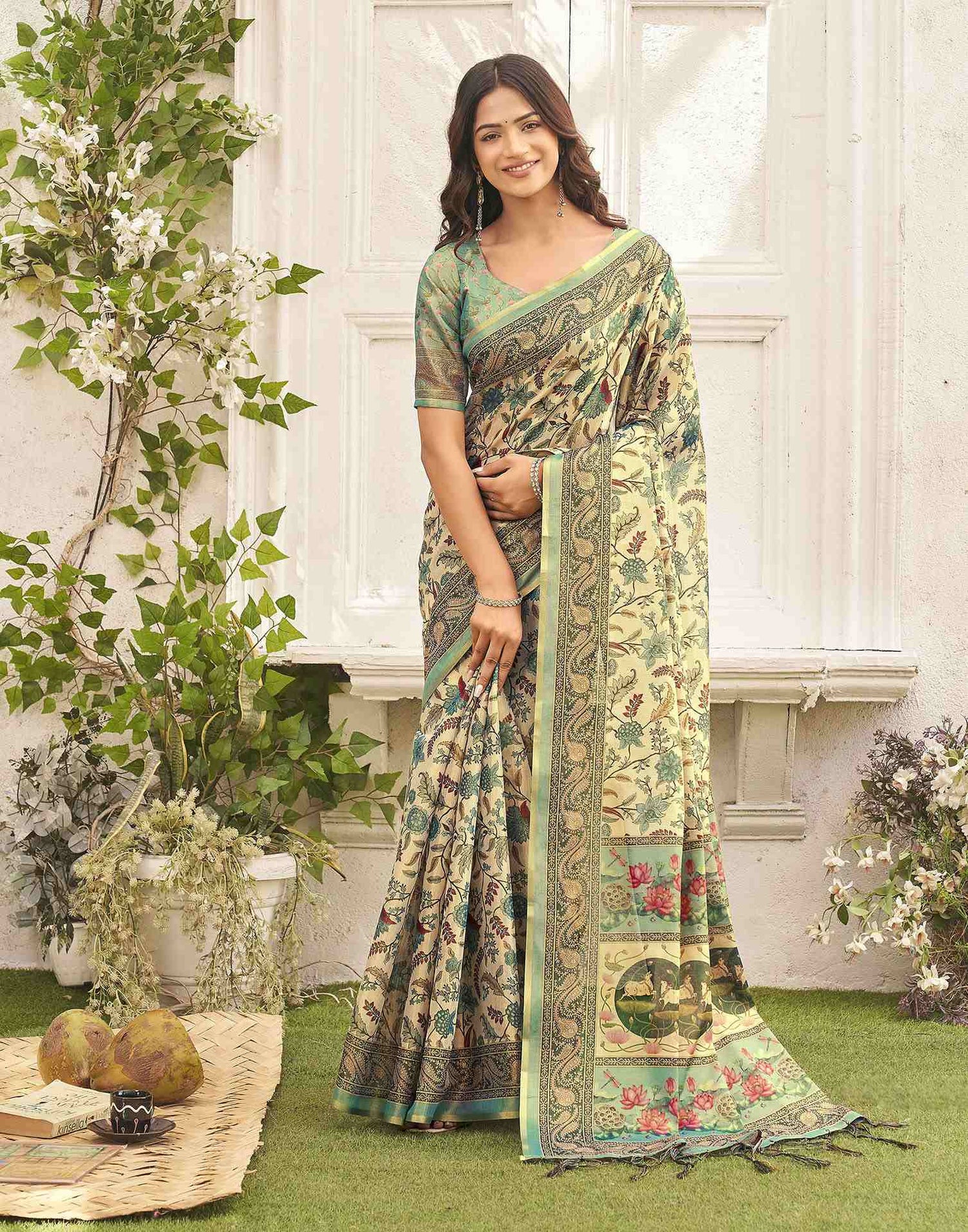 Beige Shimmer Silk Printed Kalamkari Saree 