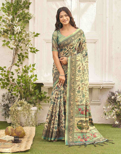 Beige Shimmer Silk Printed Kalamkari Saree 