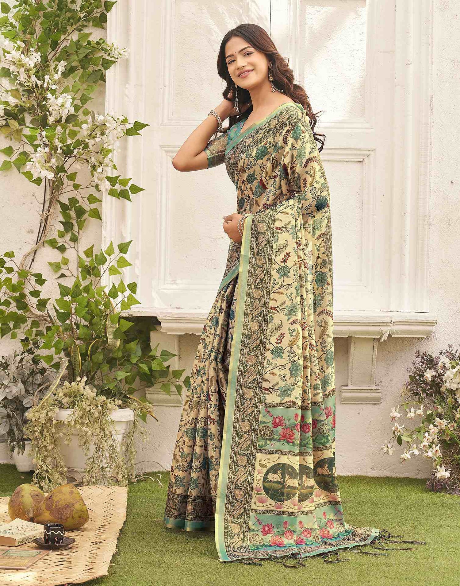 Beige Shimmer Silk Printed Kalamkari Saree 