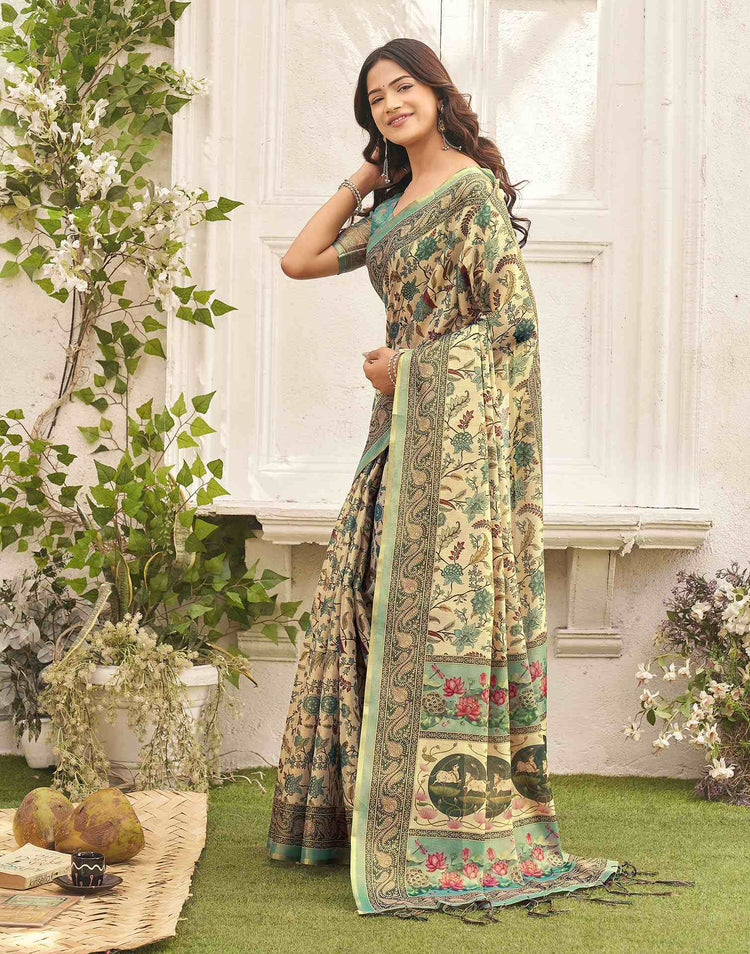 Beige Shimmer Silk Printed Kalamkari Saree 
