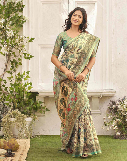 Beige Shimmer Silk Printed Kalamkari Saree 