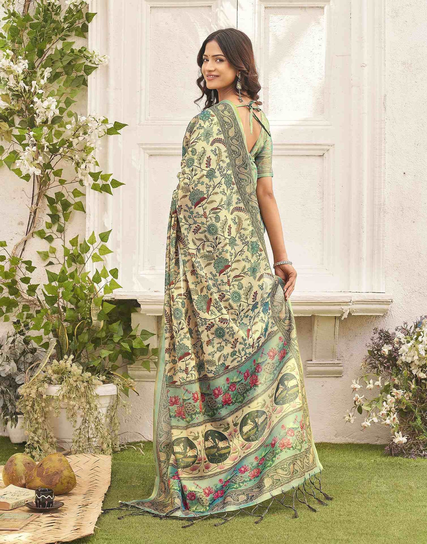 Beige Shimmer Silk Printed Kalamkari Saree 