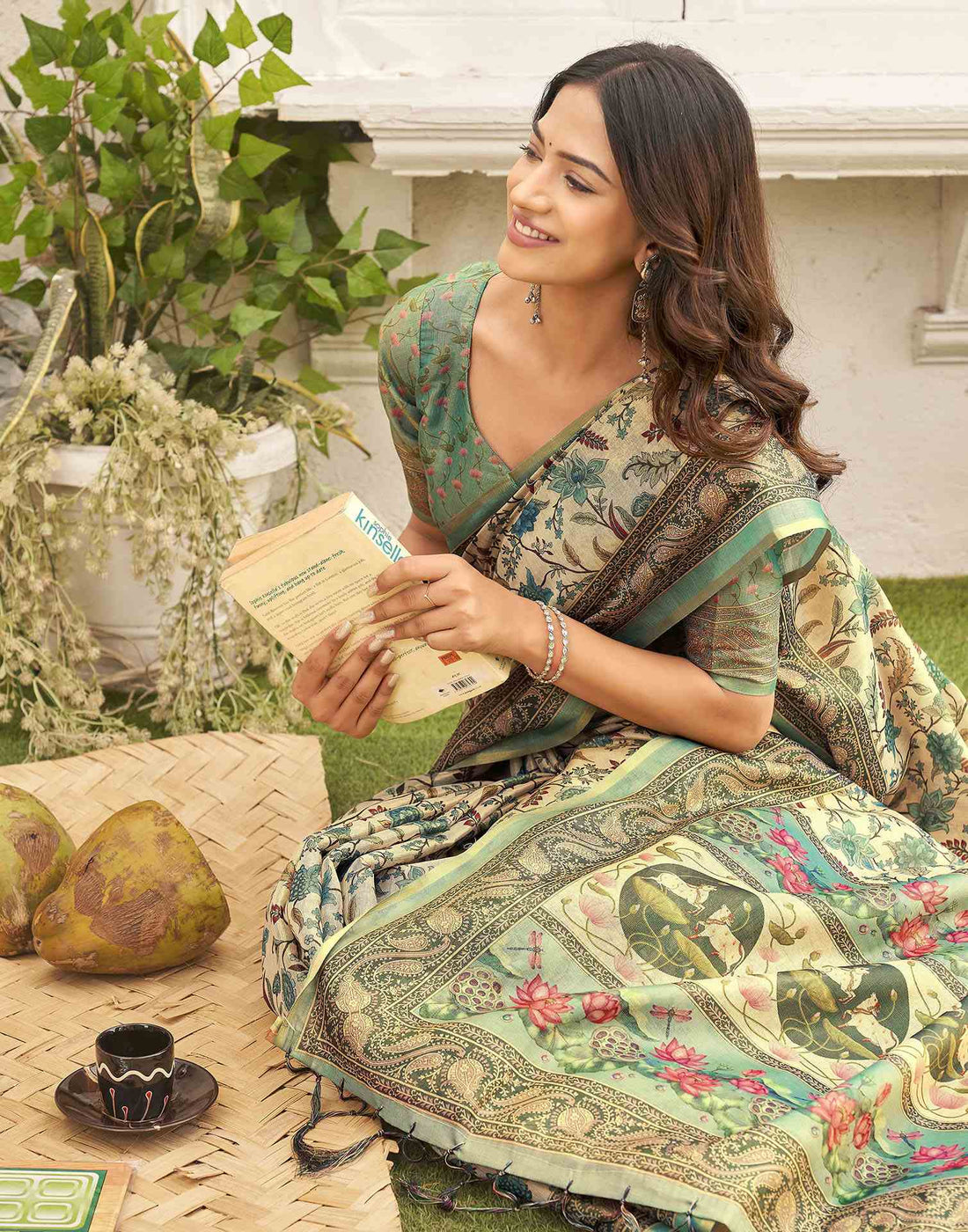 Beige Shimmer Silk Printed Kalamkari Saree 