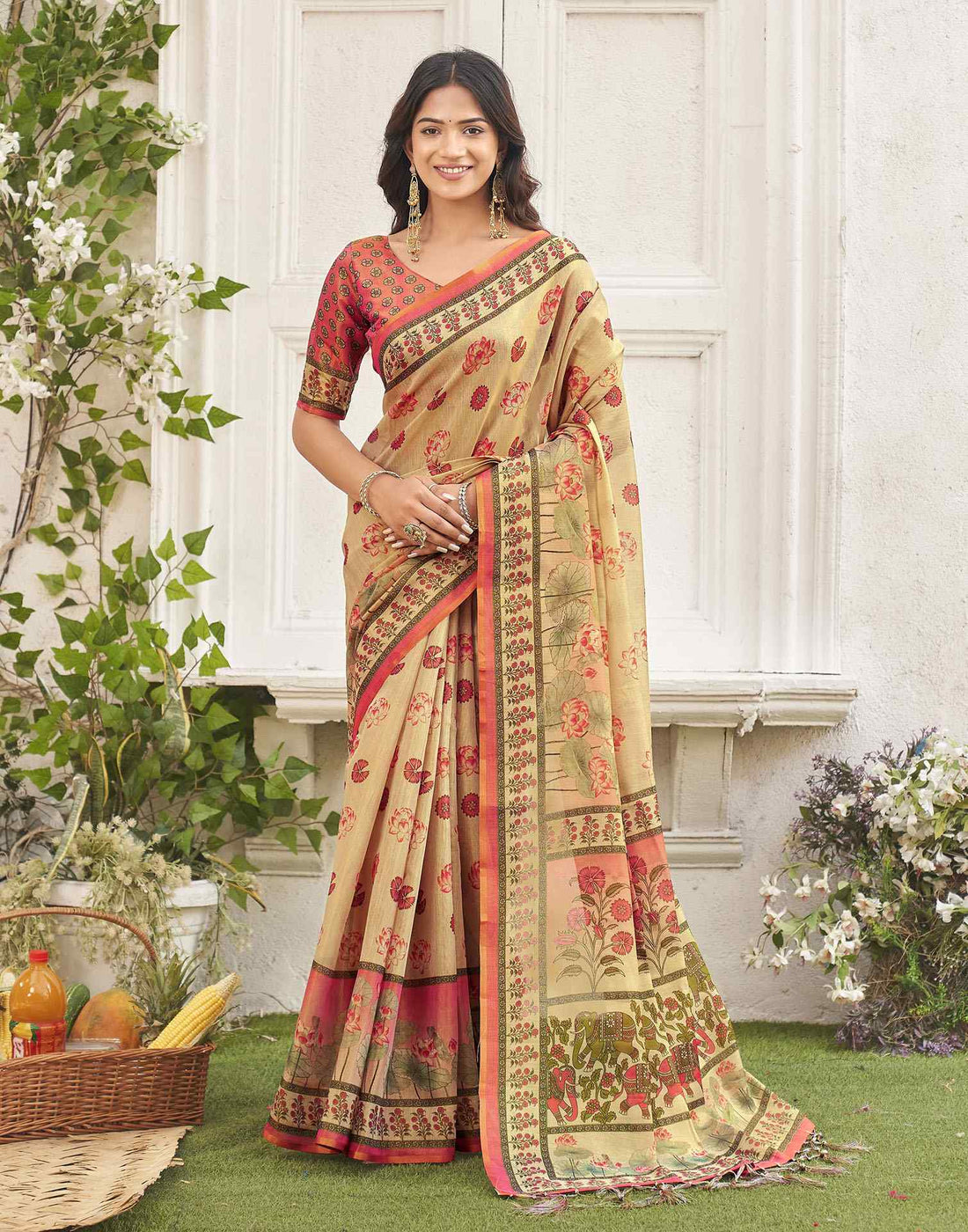 Dark Beige Shimmer Silk Printed Kalamkari Saree 