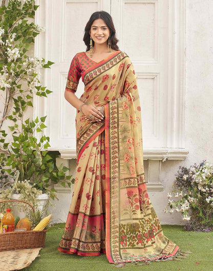 Dark Beige Shimmer Silk Printed Kalamkari Saree 