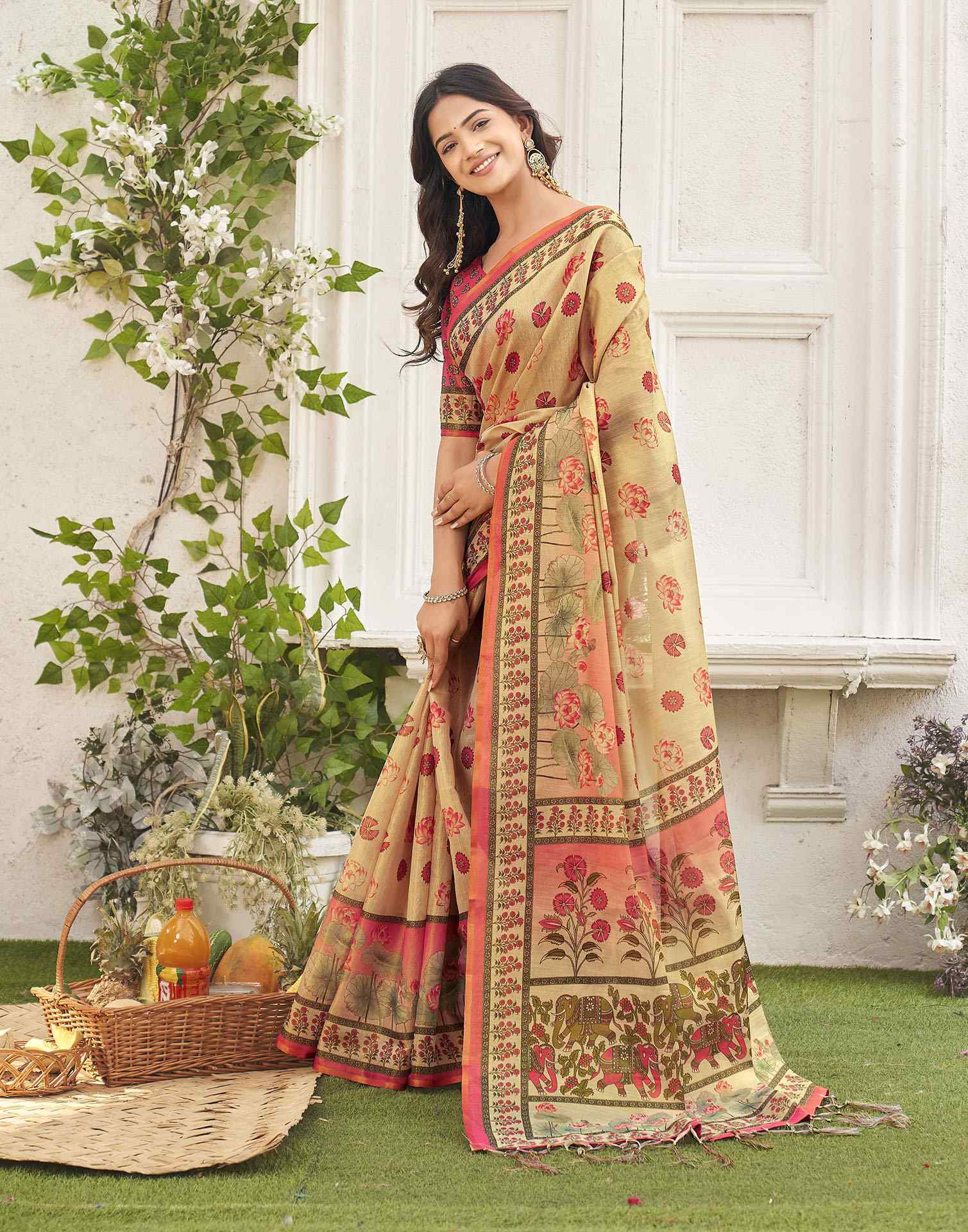 Dark Beige Shimmer Silk Printed Kalamkari Saree 