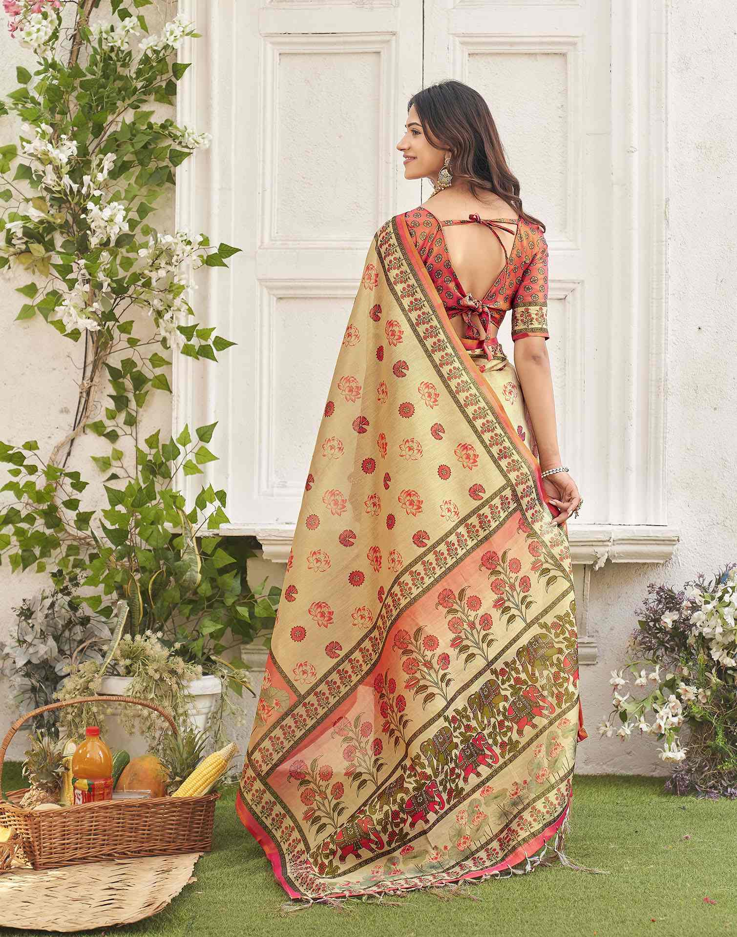 Dark Beige Shimmer Silk Printed Kalamkari Saree 