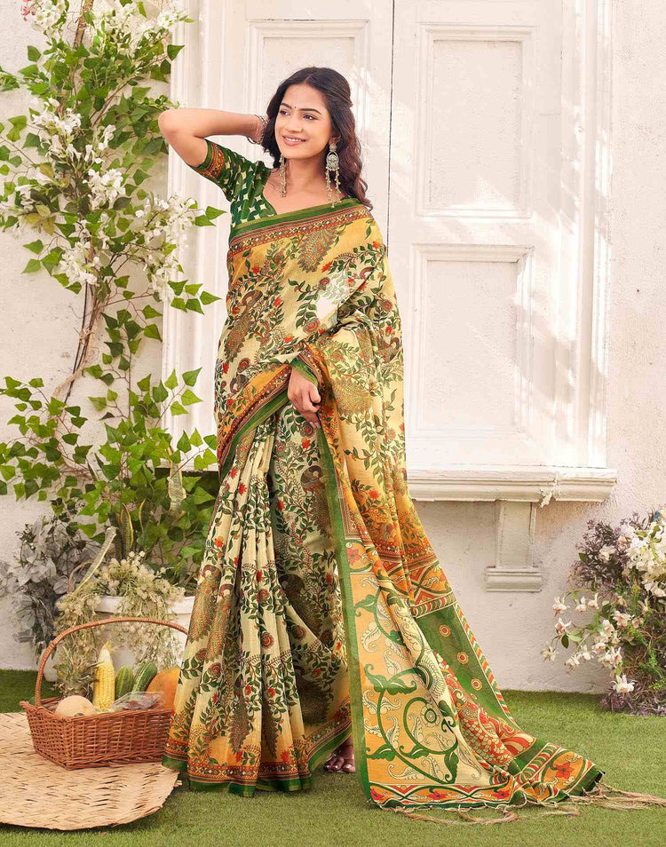 Beige Shimmer Silk Printed Kalamkari Saree 