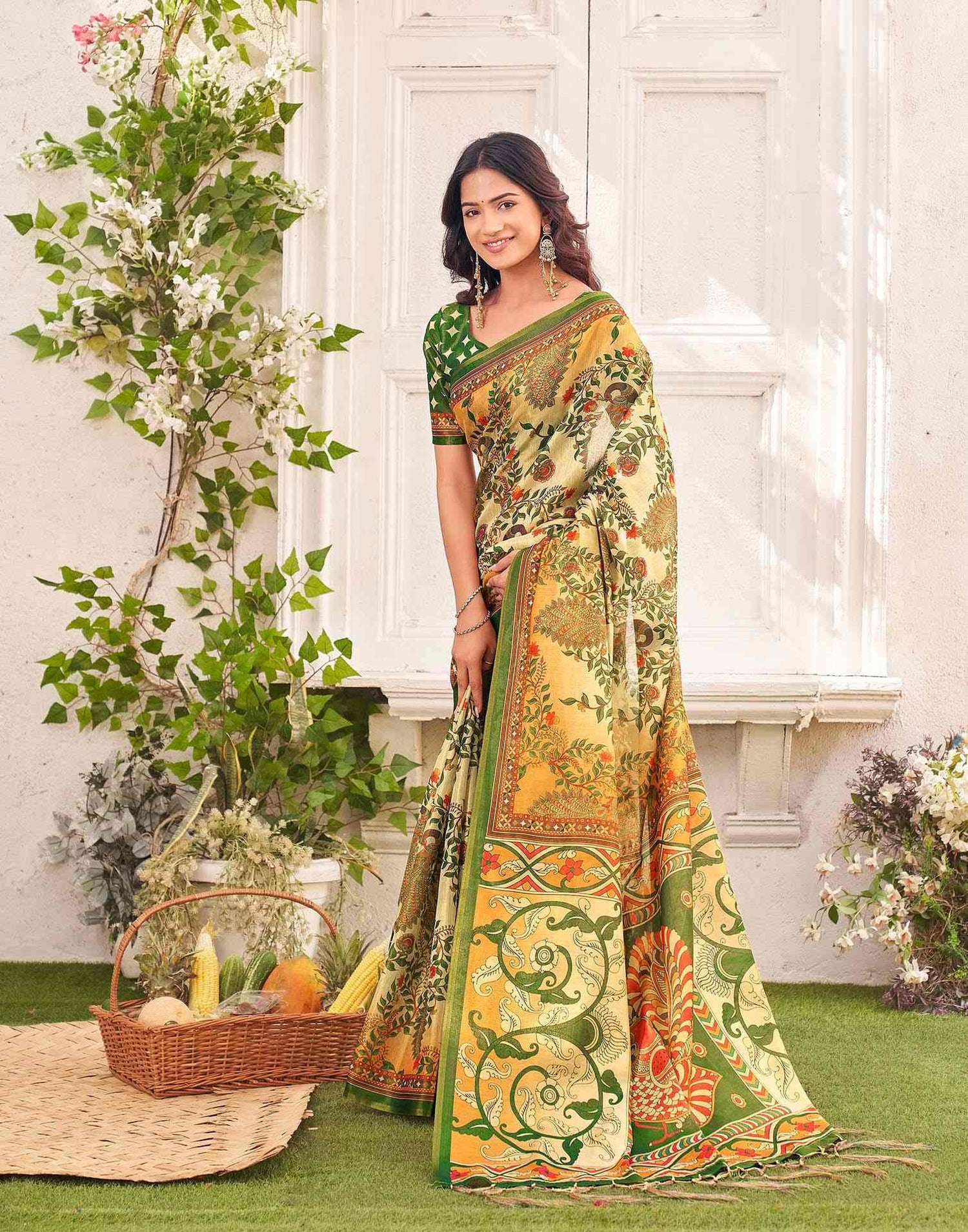 Beige Shimmer Silk Printed Kalamkari Saree 