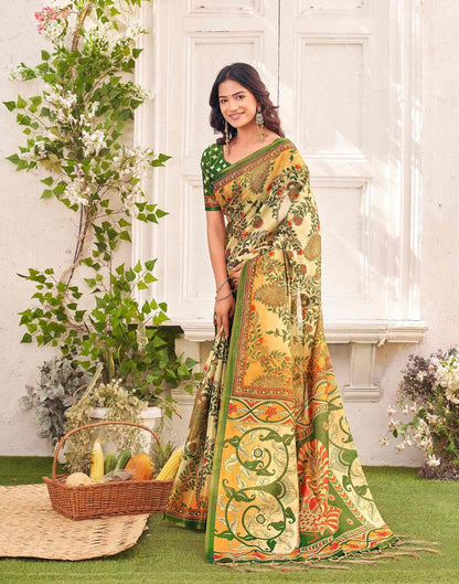 Beige Shimmer Silk Printed Kalamkari Saree 